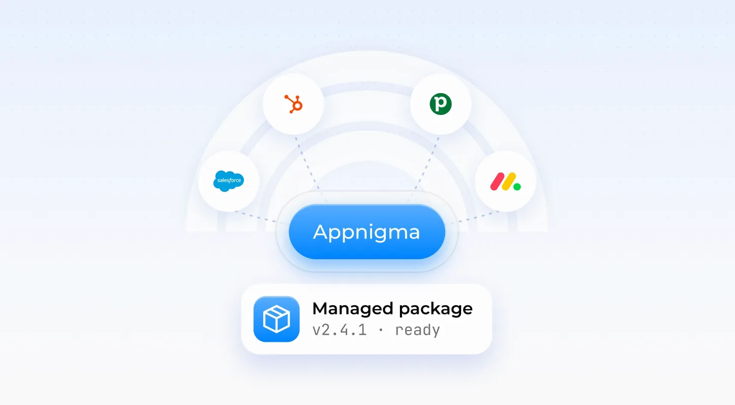 Platforms arranged on arcs around the Appnigma hub, which emits a versioned managed package.