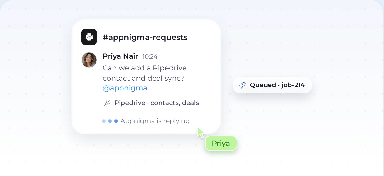A Slack request for a Pipedrive contact and deal sync, queued as job 214.