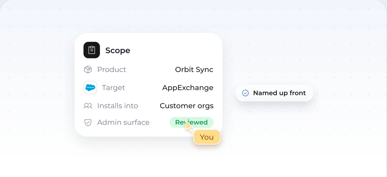 A sample Salesforce app scope naming the marketplace and customer admin experience.